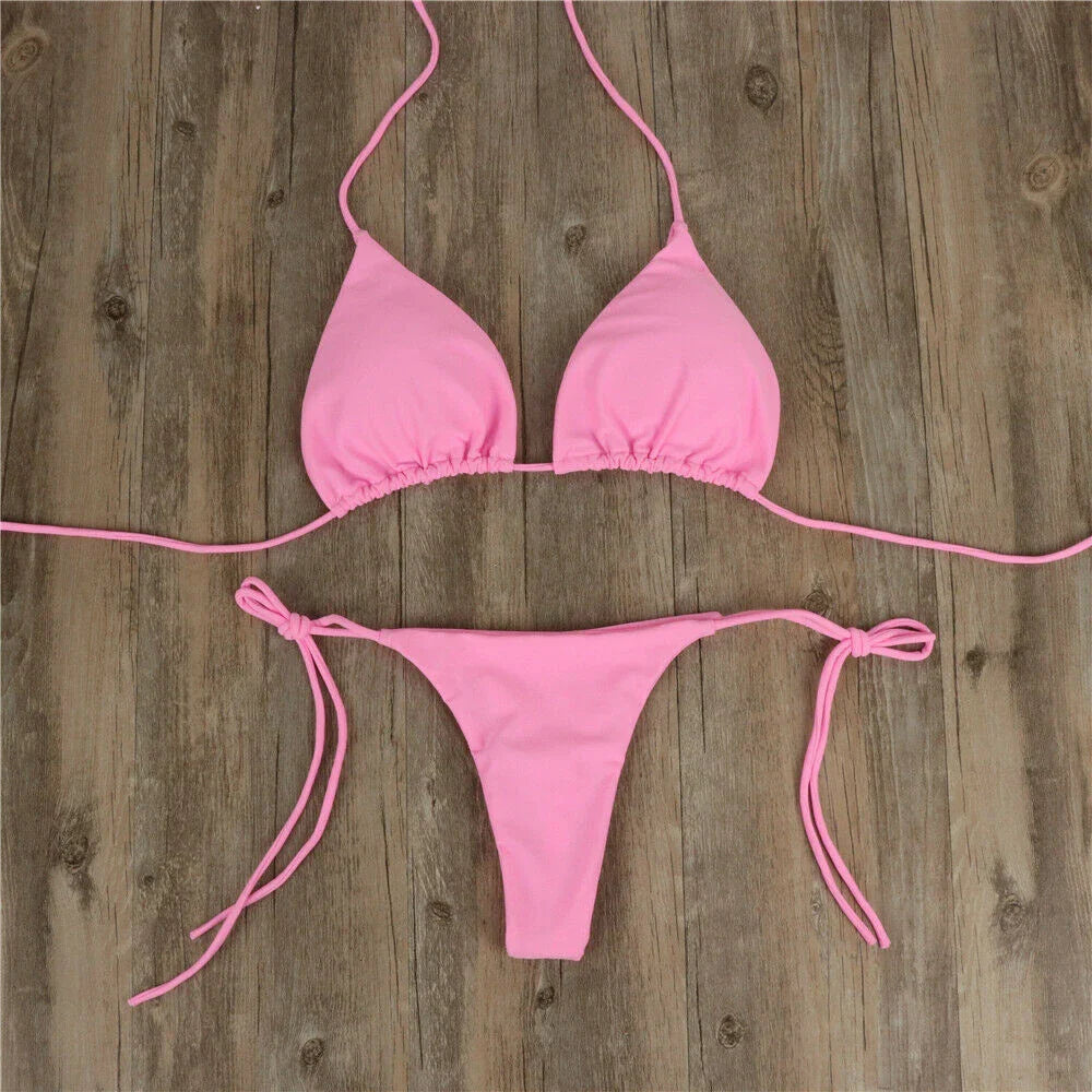 Women Bikini Set Sexy Side Tie Thong Swimsuit Bandage Style Brazilian Swimwear Ultrathin Bra & Brief Sets Erotic Lingerie Set Pink