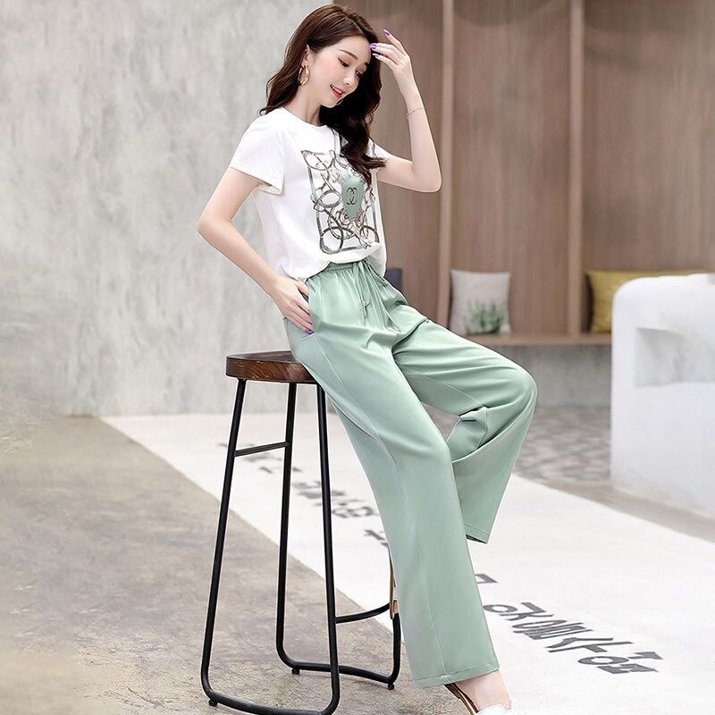 Women Two Piece Outfits Summer New In Korean Style Short Sleeve Fashion Wide Leg Pants Set Casual Couture Fall Suit Female