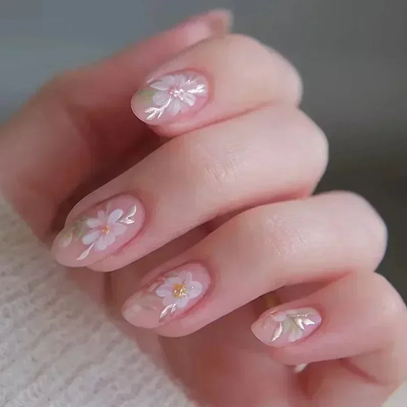 24pcs Short Almond Press on Nails 3D Flower Butterfly Fake Nails with Glue Colorful Natural Acrylic False Nails Full Cover Nails 53