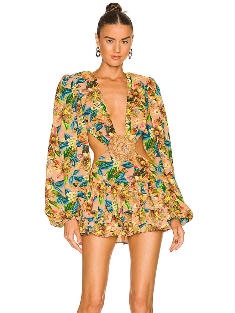 Women Summer Style Sexy Long Sleeve Hollow Out Floral Pleated Mini Bodycon Dress 2022 Elegant Evening Party Dress green