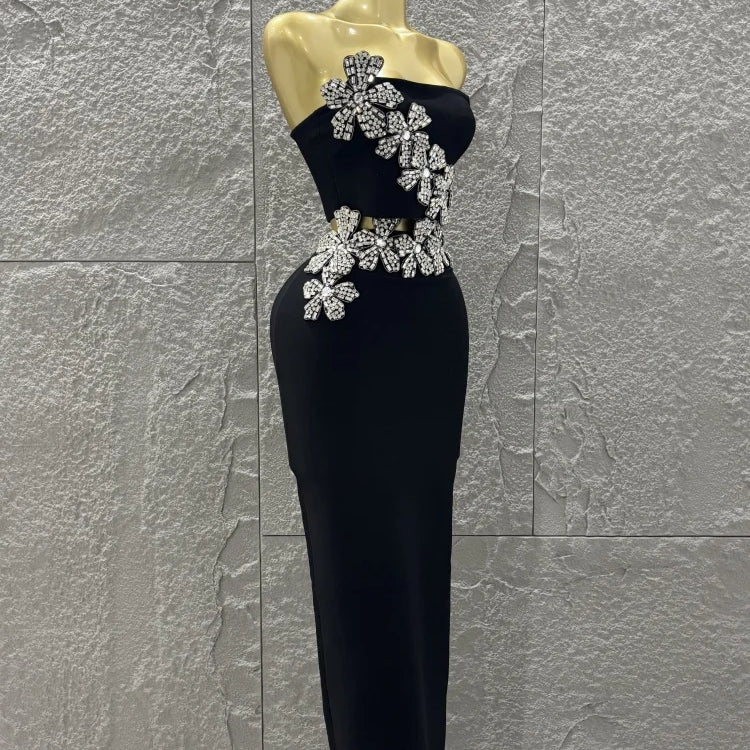 Black Color Women Shinning Diamond Flowers Sexy 2 Pieces Bodycon Long Bandage Dress Nightclub Party Celebrate Birthday Outfit