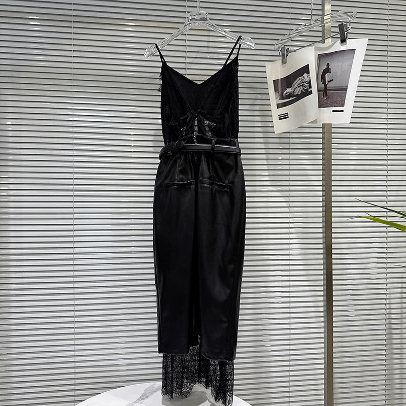 Winter New Fashion Lace Patchwork Belted Waist Slimming Base Camisole Dresses For Women Backless Dress Female 11A07669