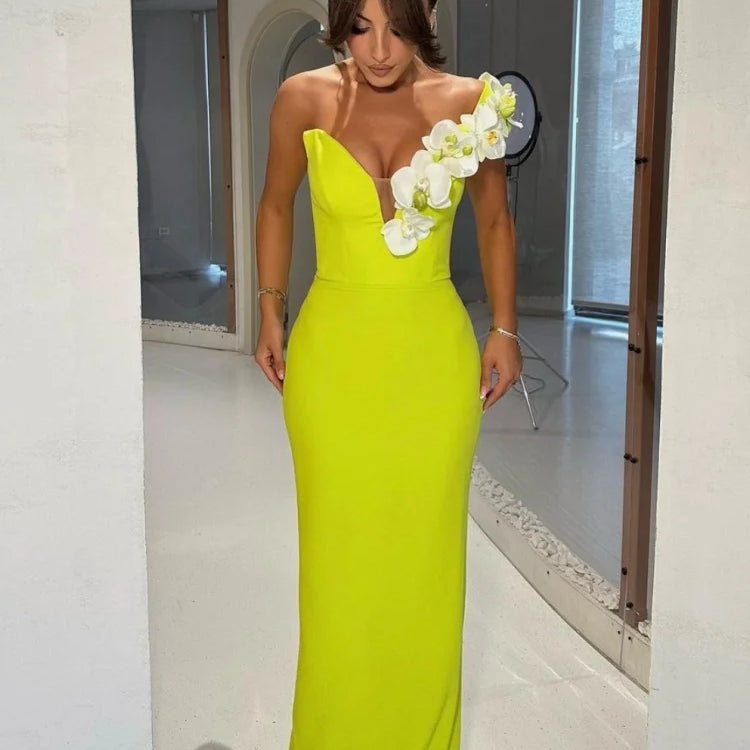 White Moth Orchids One Shoulder Yellow Green Ankle Length Bandage Dress Celebrity Party Evening Dress Woman Voaction Outfit