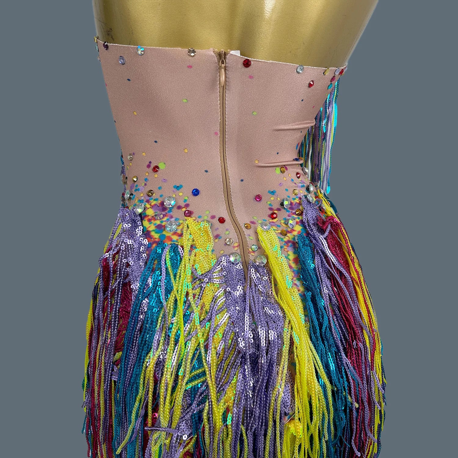 Colorful Tassel Sleeveless Bodysuit Streamer Theme Party Wear Hot Women Cheerleader Rhinestone Sequins Spandex Bodysuit Xinwucai