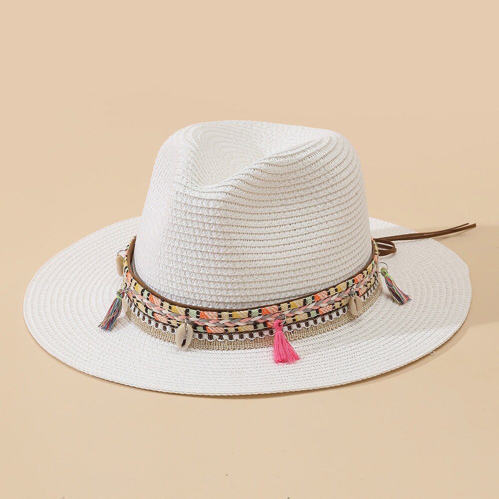 Wholesale Women Pink Tassel Cowboy Hat Floppy Beach Hats Summer Straw Hats Ladies UV Protection Hat Panama Sun Hat white 1