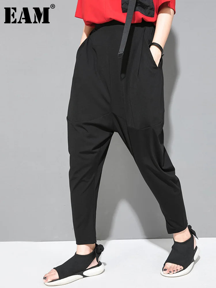[EAM] High Elastic Waist Black Pockets Thin Harem Pants New Loose Fit Trousers Women Fashion Tide Spring Summer 1DF4728