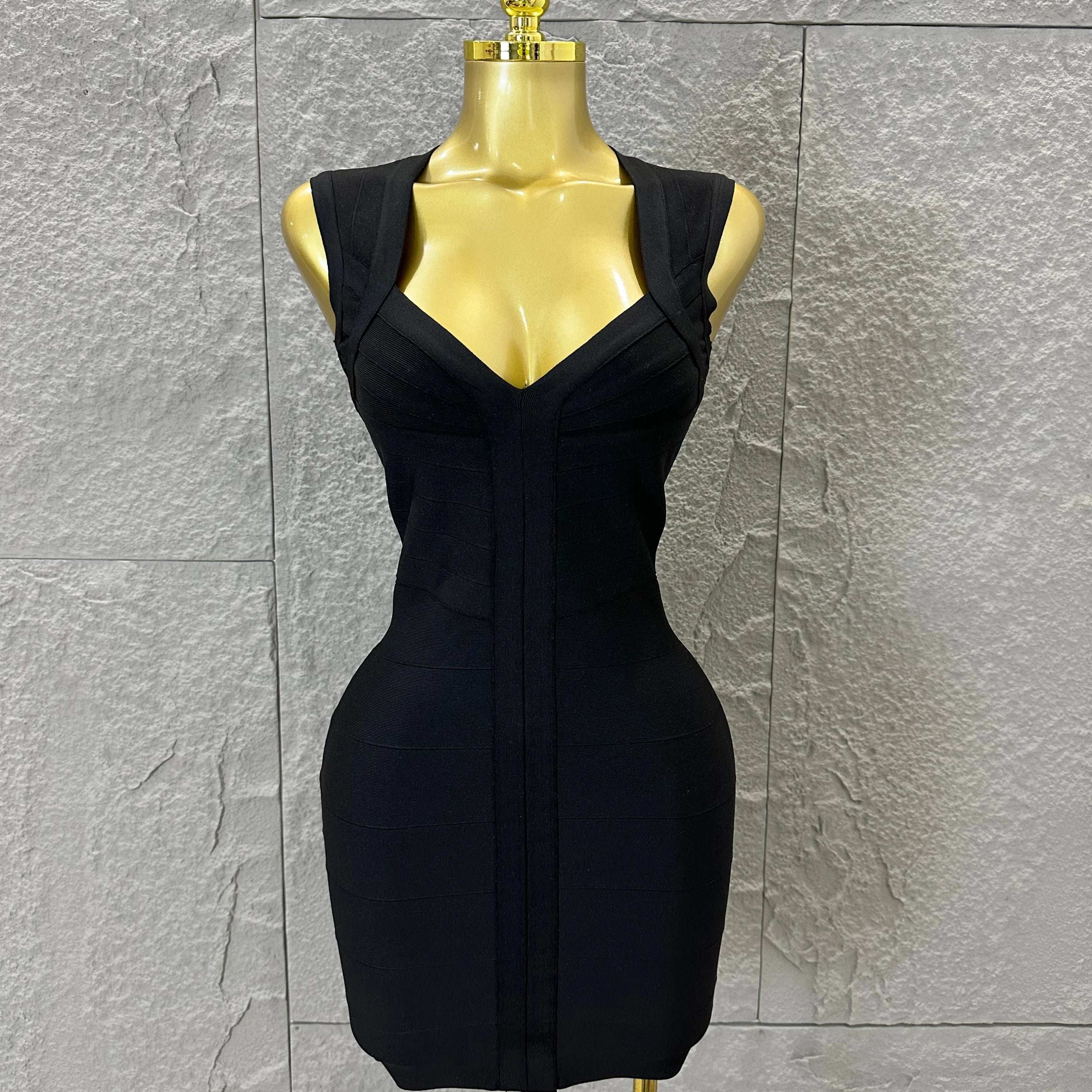 2026 Women Elegant Black Sleeveless Mini Dress Women Sexy Deep V Neck Bandage Form-Fitting Outfit Cocktail Party Costume black
