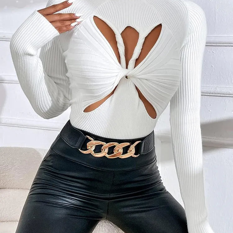 Slimming Crisscross Hollow Out Knitting Sweaters For Women Round Neck Long Sleeve Solid Casual Chic Sweater Female