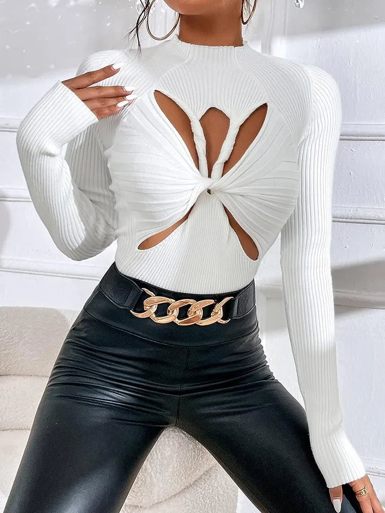 Slimming Crisscross Hollow Out Knitting Sweaters For Women Round Neck Long Sleeve Solid Casual Chic Sweater Female