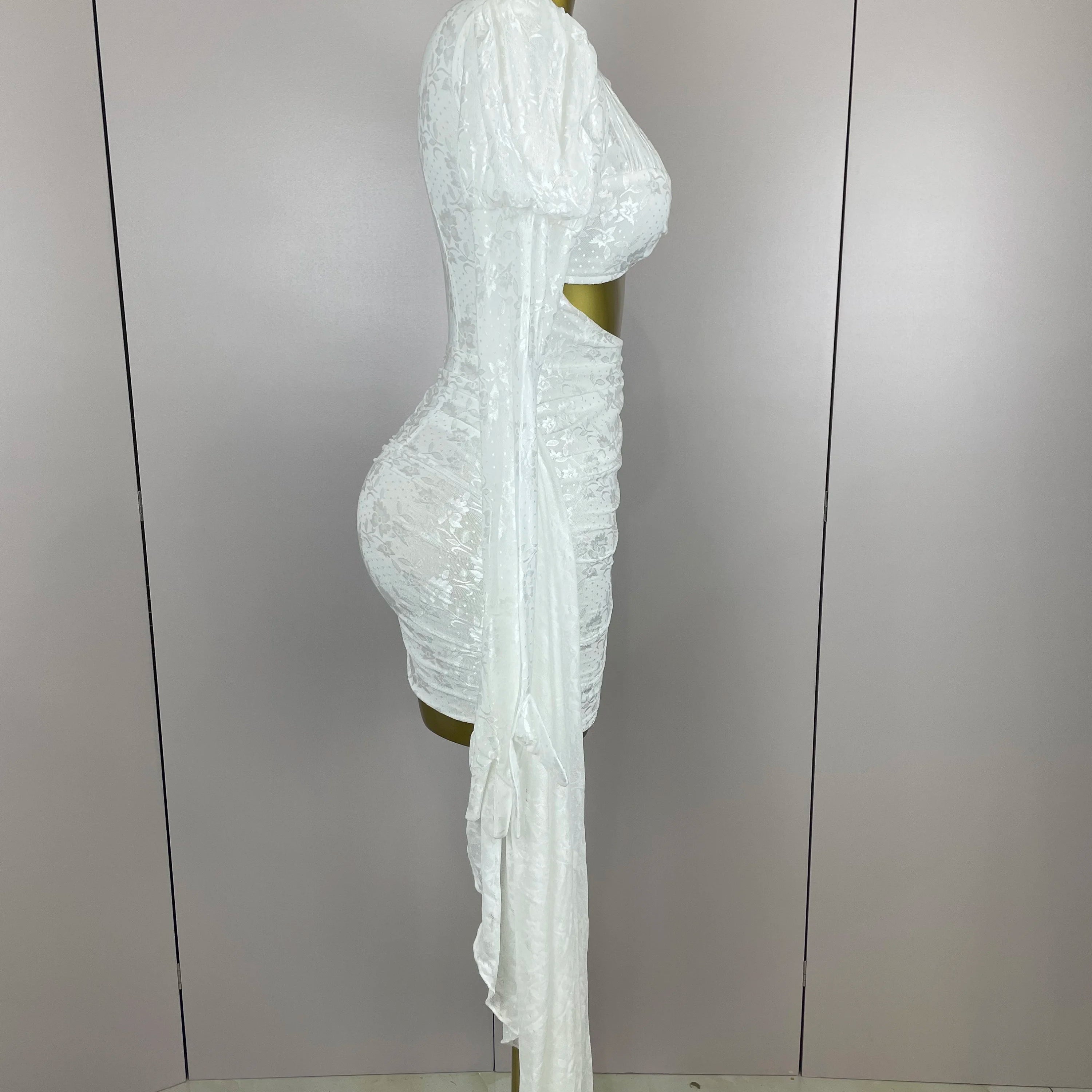 2025Women White Birthday Dress Fashion Long Sleeve O Neck Cut Out Bodycon Mini Trailing One Piece Celebrity Evening Club Dresses