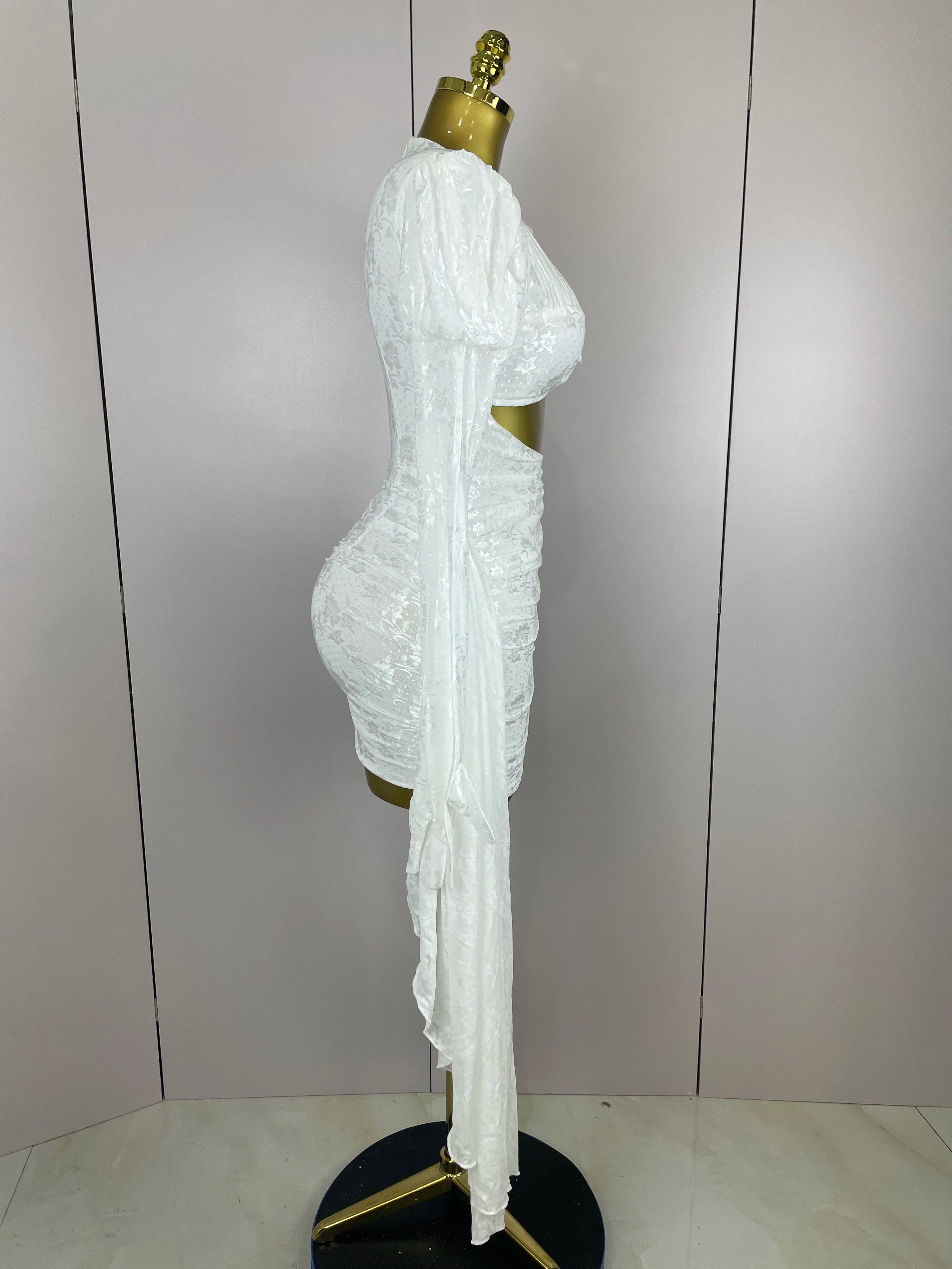 2025Women White Birthday Dress Fashion Long Sleeve O Neck Cut Out Bodycon Mini Trailing One Piece Celebrity Evening Club Dresses