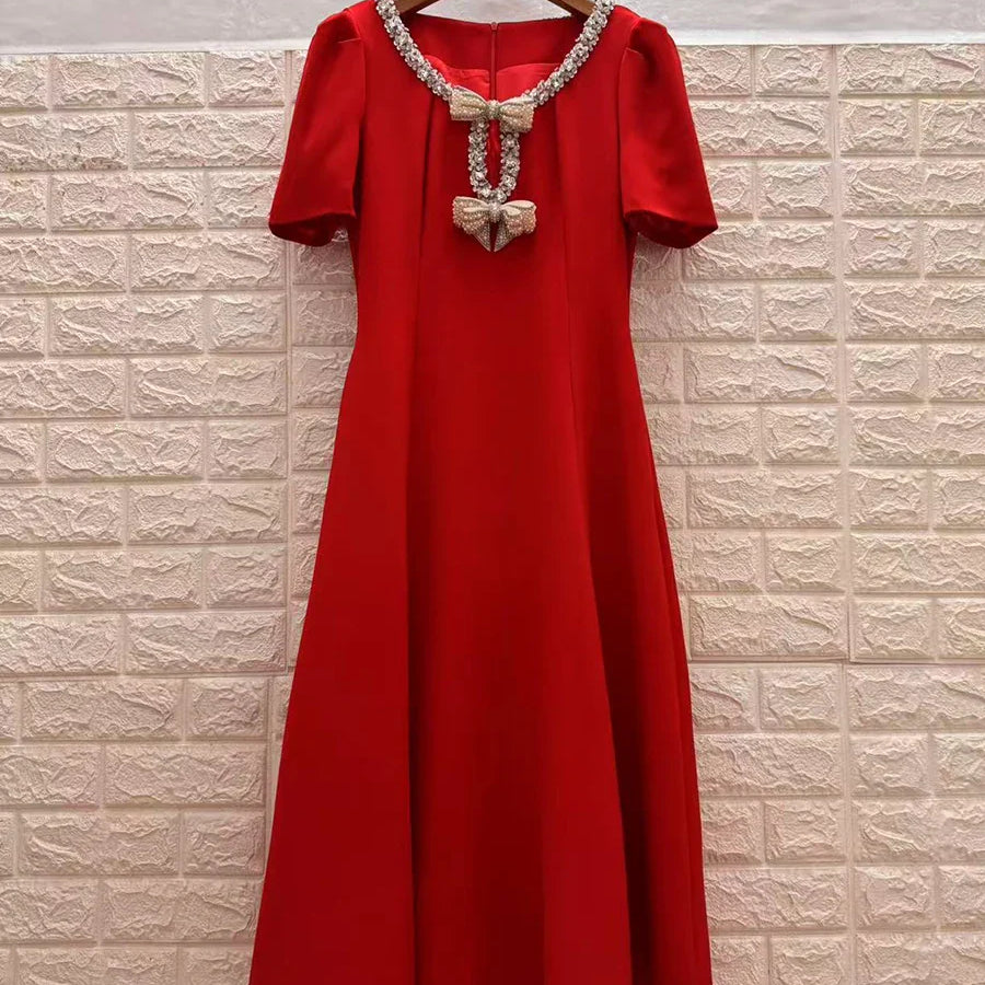 Solid Slimming Spliced Bowknot Elegant Dresses for Women Round Neck Short Sleeves Patchwork Bead Dress Female New RED