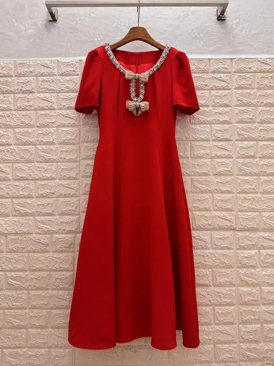 Solid Slimming Spliced Bowknot Elegant Dresses for Women Round Neck Short Sleeves Patchwork Bead Dress Female New RED