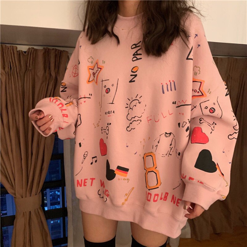 Frauen Sweatshirts Graffiti Pullover Tops Lose Lange Ärmel Weibliche Mode Streetwear 2023 Herbst Winter Beiläufige Hoodies 