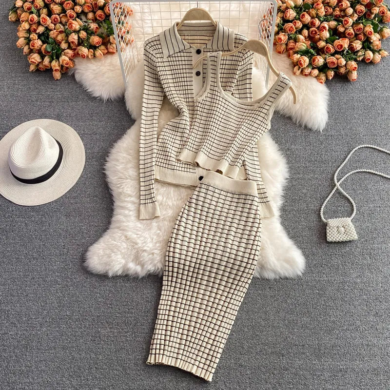 Women 3 Piece Set 2024 Autumn New Korean Style Temperament Fashion Suit Plaid Knitted Cardigan Bottoming Camisole Skirt