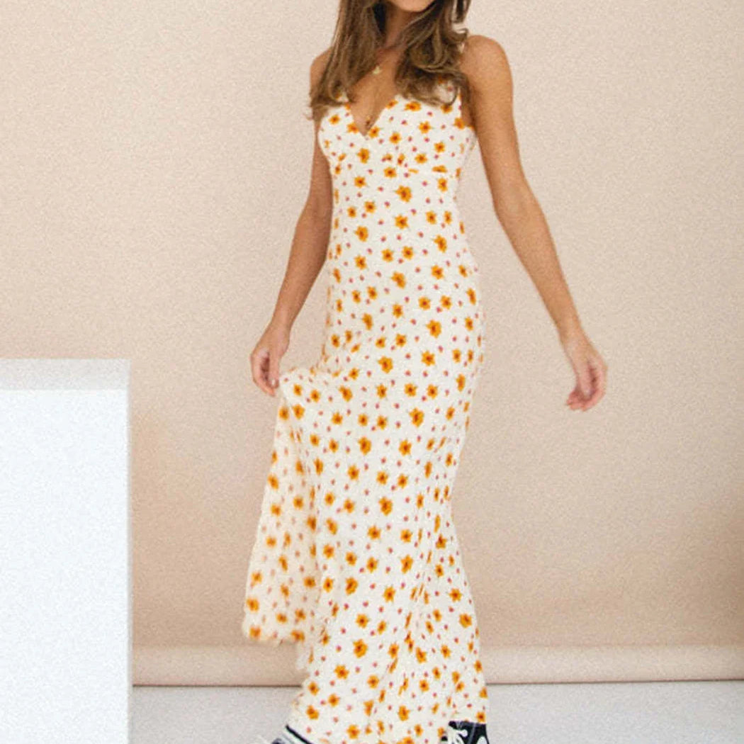 Floral Print Female Long Dress High Waist Lace-up V-neck Slim Sleeveless Fashion Sundress Casual Summer Dress Vestido Robe