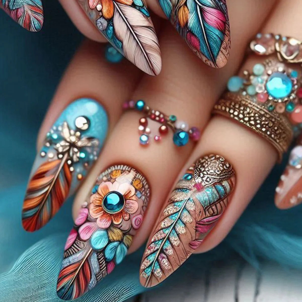 Colorful Feathers Press on Nails Diamond Fake Nails Set Floral Pattern Wearable Acrylic Nails Almond Press on Nail Tips BKS3162