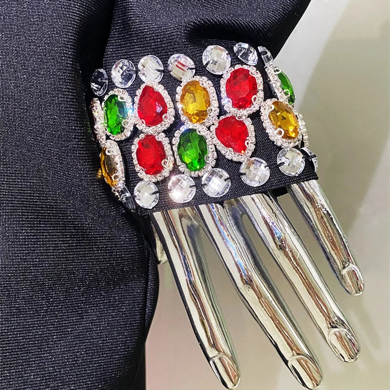 Luxury Colorful Diamonds Sexy Square Collar Black Bandage Dress Fashion Woman Evening dress Celebrity Cocktail Party Outfit