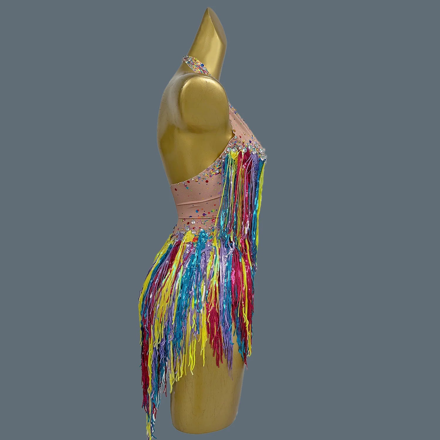Colorful Tassel Sleeveless Bodysuit Streamer Theme Party Wear Hot Women Cheerleader Rhinestone Sequins Spandex Bodysuit Xinwucai
