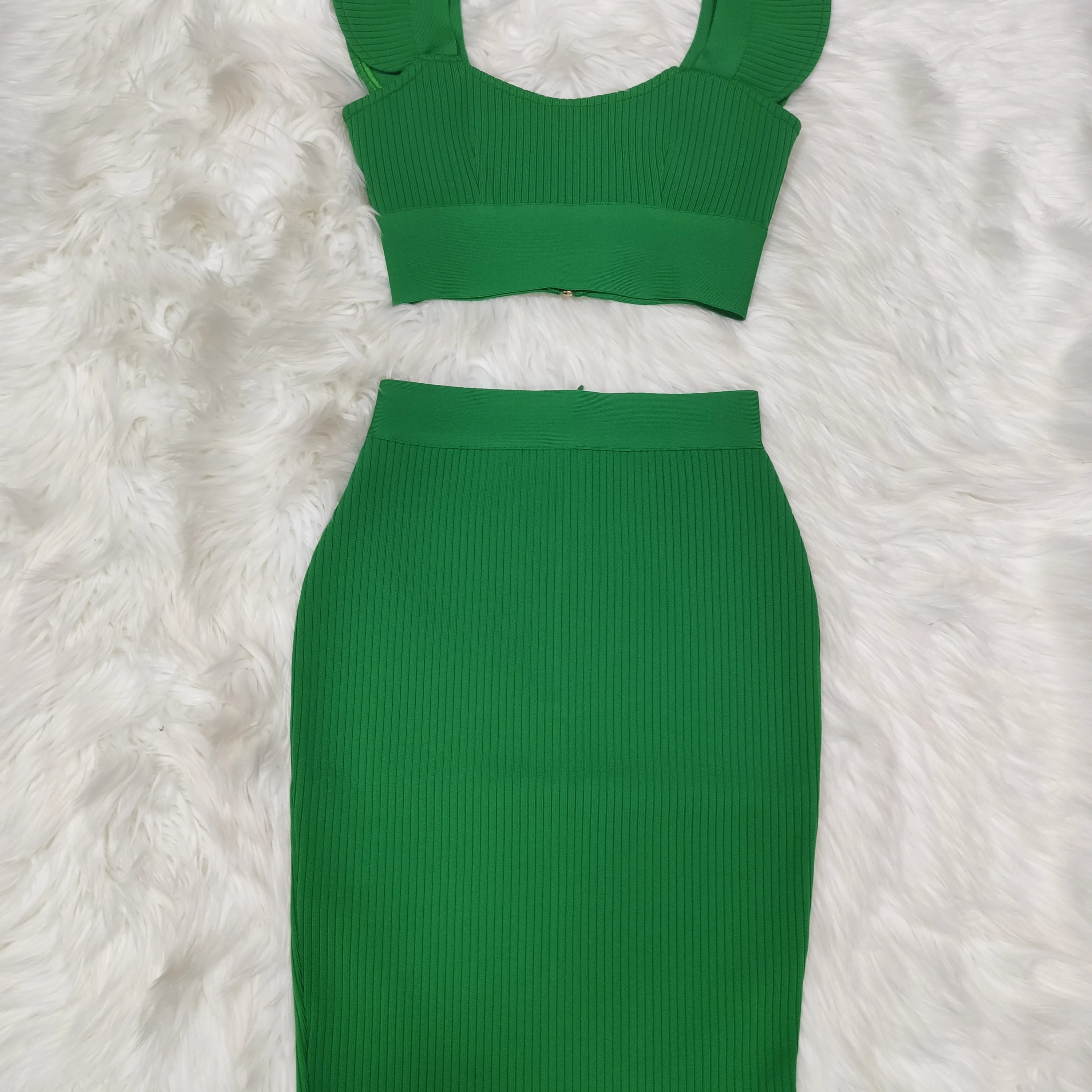 Celebrity Sexy Fashion Green Yellow Ruffles Bodycon Rayon Two Pieces Bandage Dress Two Pieces & Skirt Set green