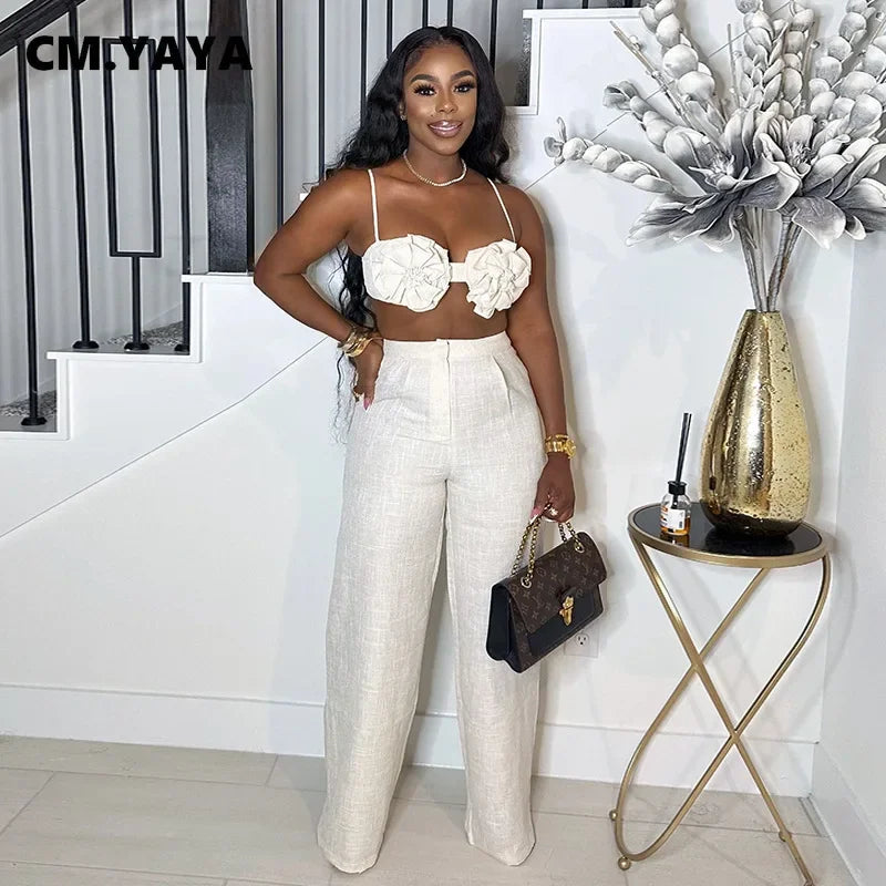 Streetwear Women's Set Sleeveless 3D Flower Crop Bra Top+Wide Leg Pants Elegant beach holiday Two 2 Piece Set Outfits