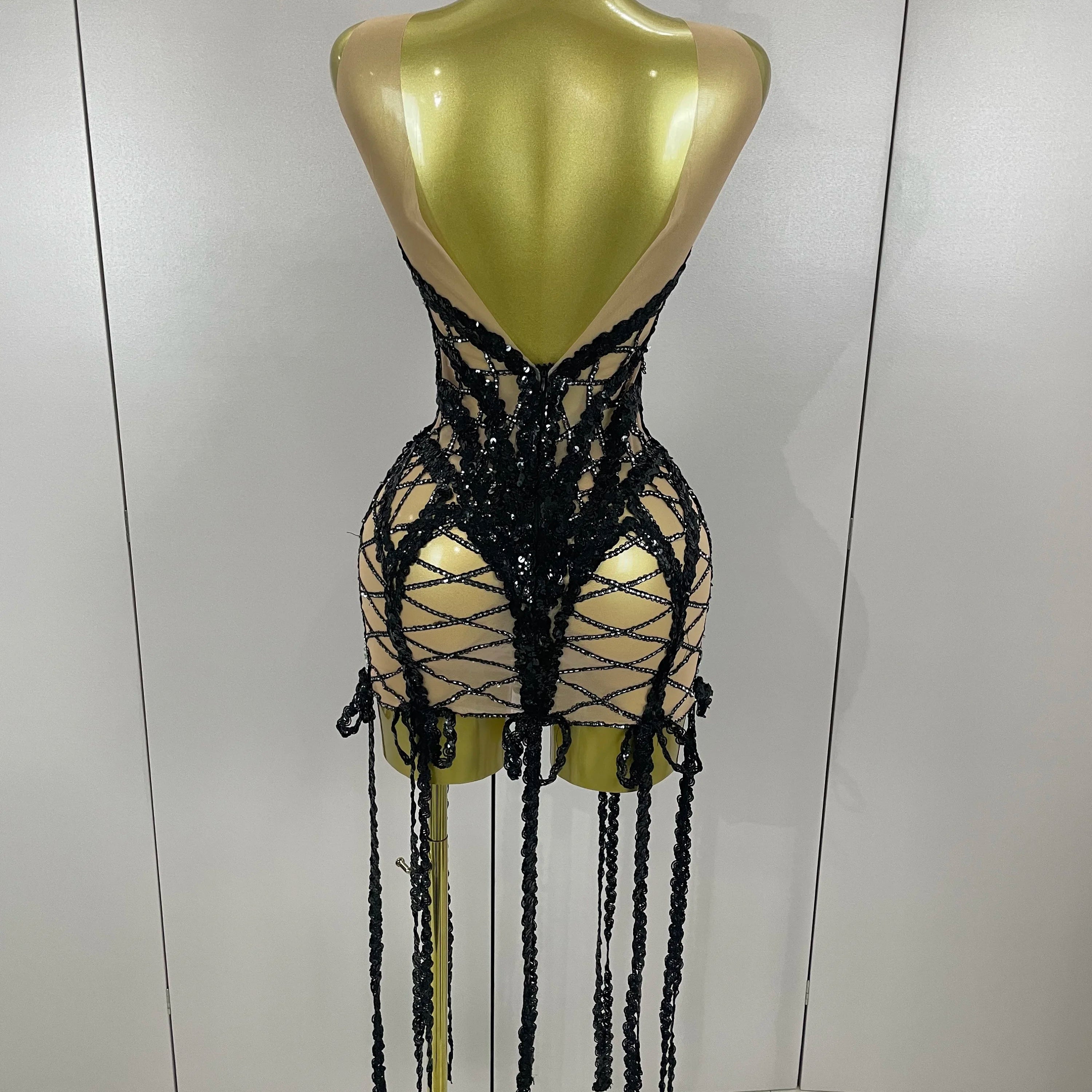 2025 Sparkle Sequins Embroider Diamonds Sleeveless Long Tassel Mini Dress Women Celebrate Evening Birthday Dress Stage Costume