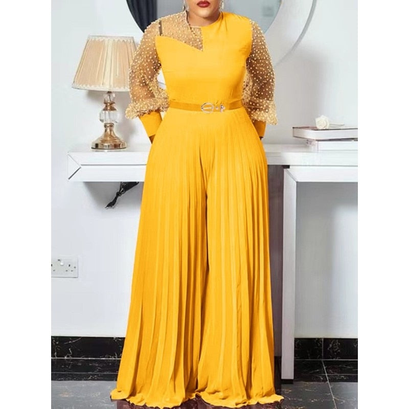 S-5xl Fall Outfits Women Pink Fashion Plus Size Jumpsuit Slim Pleated Long Sleeve Rompers Elegant Clothes Wholesale Dropshipping Yellow
