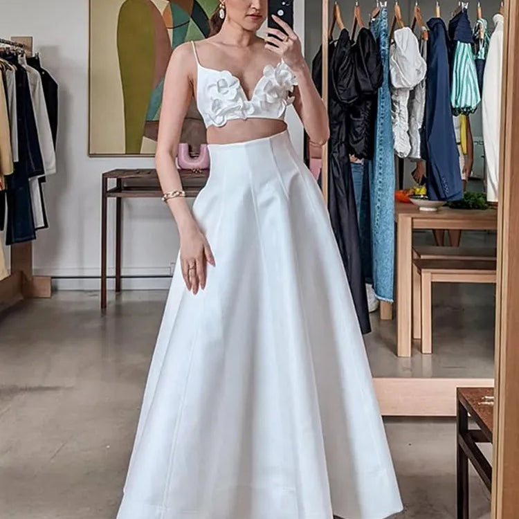 2025 Women Chic 3d Pink Flower Applique Cropped Tops Set Fashion High Waist Long Skirts 2 Piece Suit Sexy Vocation Beach Outfits