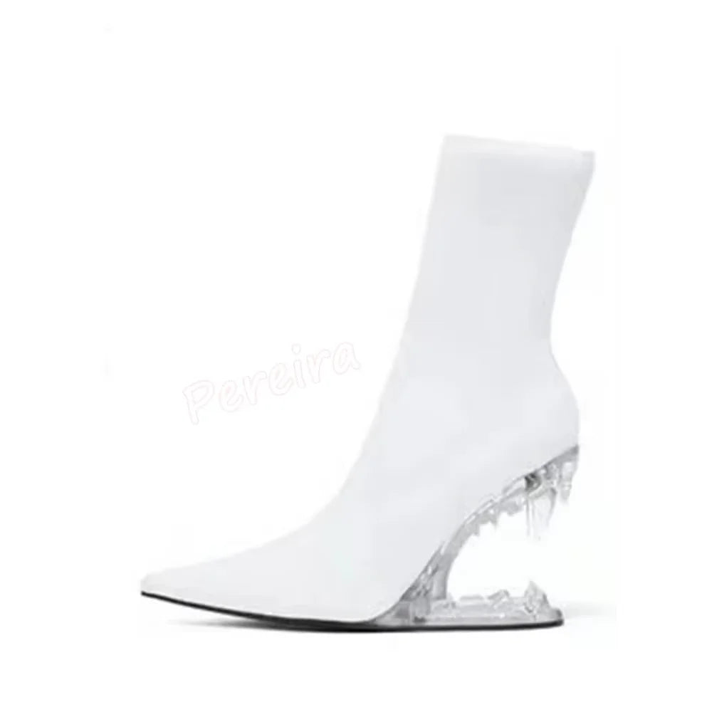 Black Tooth Shaped Heels Elastic Short Boots Pointed Toe Patent Leather Botas 2025 Solid Fashion Elegant Party Office Lady Shoes WHITE