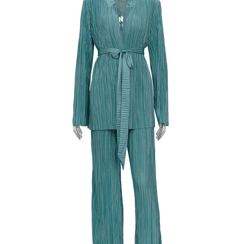 Clacive Autumn Green Pleated Pants Set Bodycon Slit Trosuer Suits Fashion Lace-Up Long Sleeve Blazer 2 Piece Sets Womens Outfits