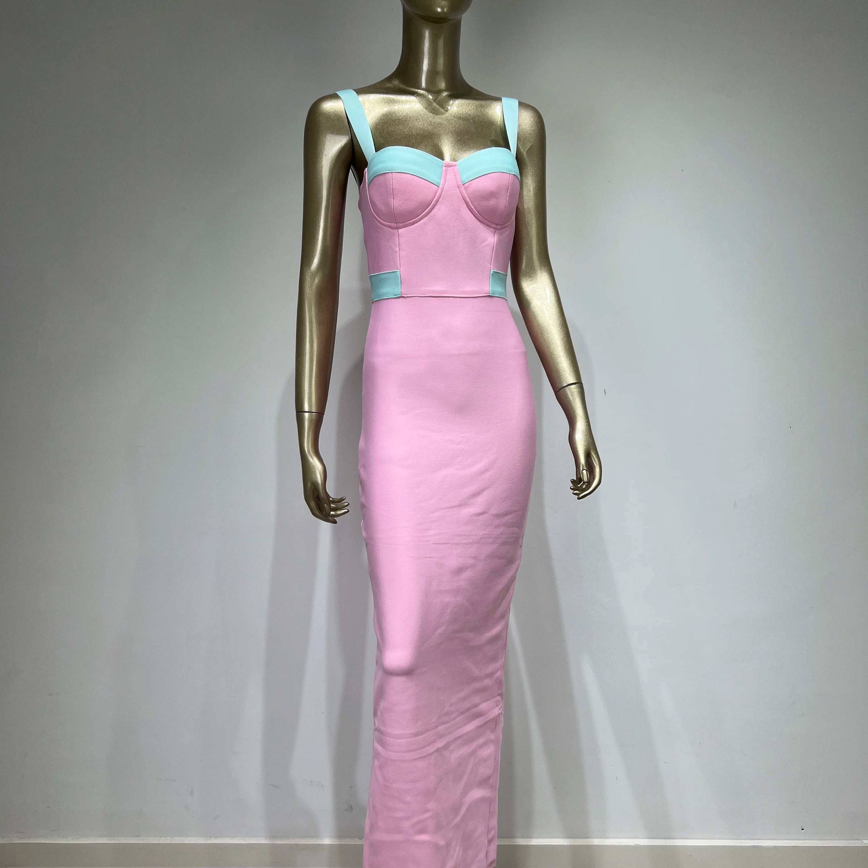 Women Summer Fashion Sexy V Neck Pacthwork Pink Maxi Long Bandage Dress 2023 Celebrity Elegant Evening Club Party Dress