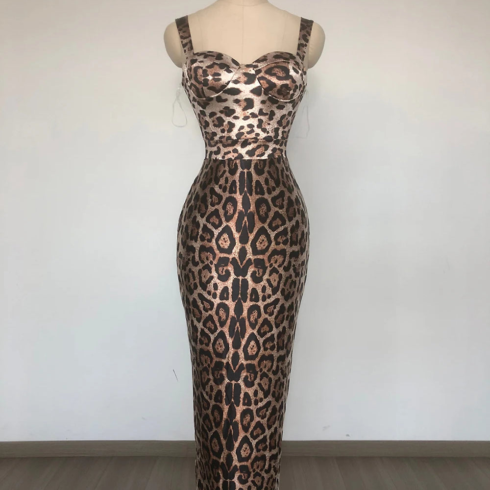 Vintage-Glam Leopard Slip Sleeveless Tight Midi Dress Party Spotlight Evening Gown AS PIC