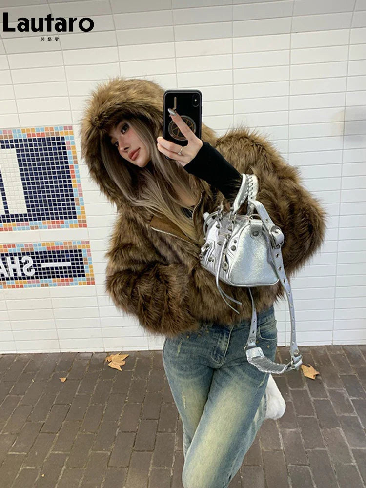 Autumn Winter Chic Luxury Short Soft Thick Warm Hairy Shaggy Faux Fur Coat Women with Hood Zipper Fluffy Jacket 2024