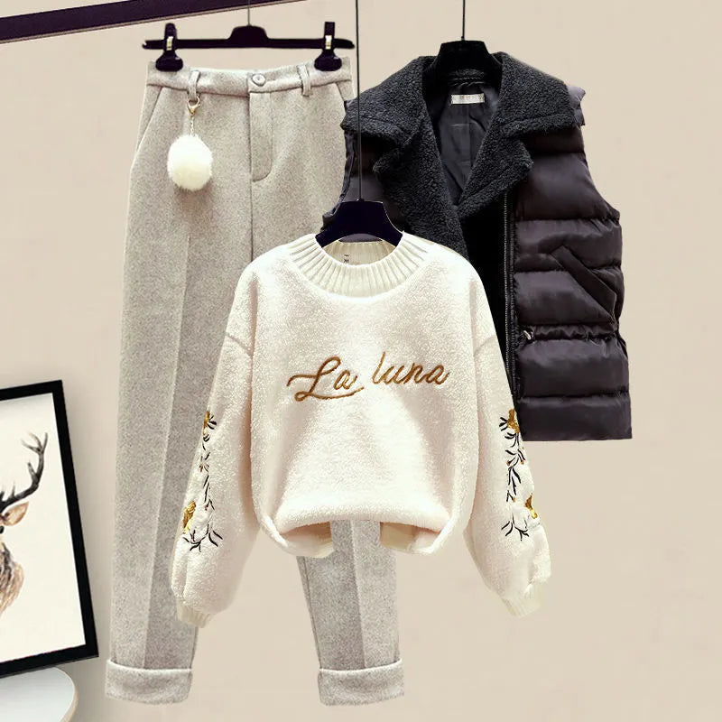 Winter Warm 3 Piece Set Suit Women Knitted Letter Pullover Sweater Sweatpants Lamb Wool Vest Tracksuit Female Outfit Outerwear Set 4