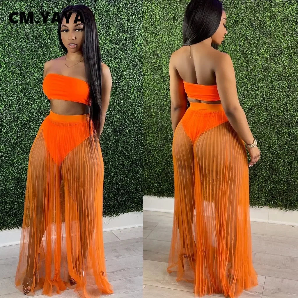 Women Mesh See Though Two Piece Set Sexy Beach Strapless Tops and Pleated Maxi Skirts Matching Set Summer Outfits