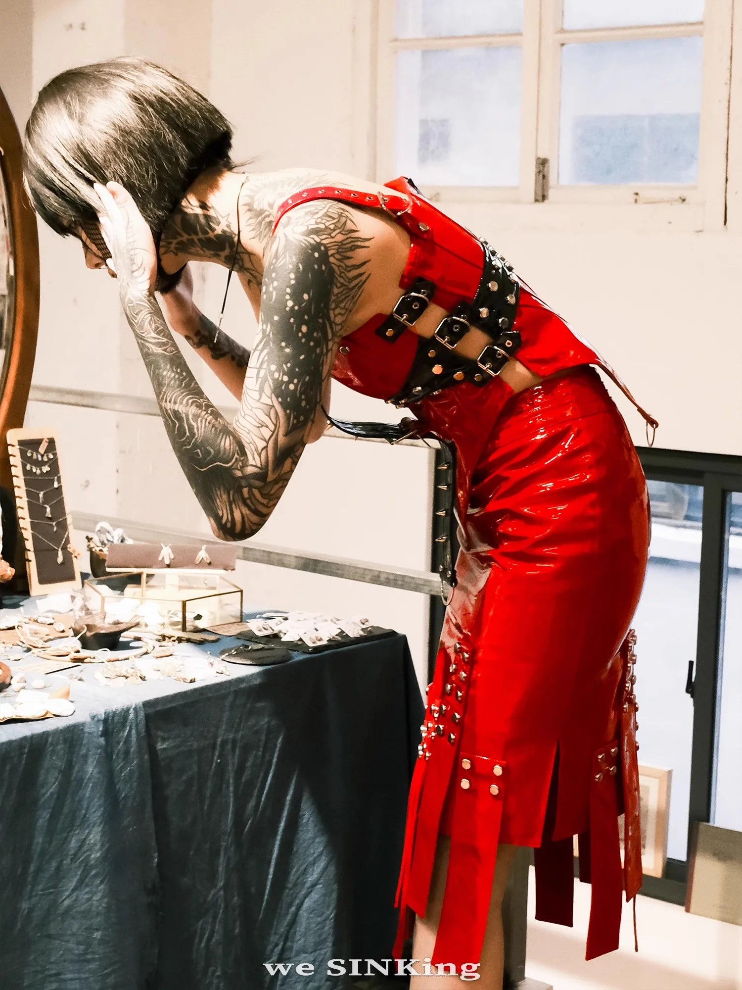 Lautaro Cool Red and Black Patchwork Patent Leather Y2K Tank Tops 2000s Women Luxury Designer Gothic Woman Clothing Streetwear