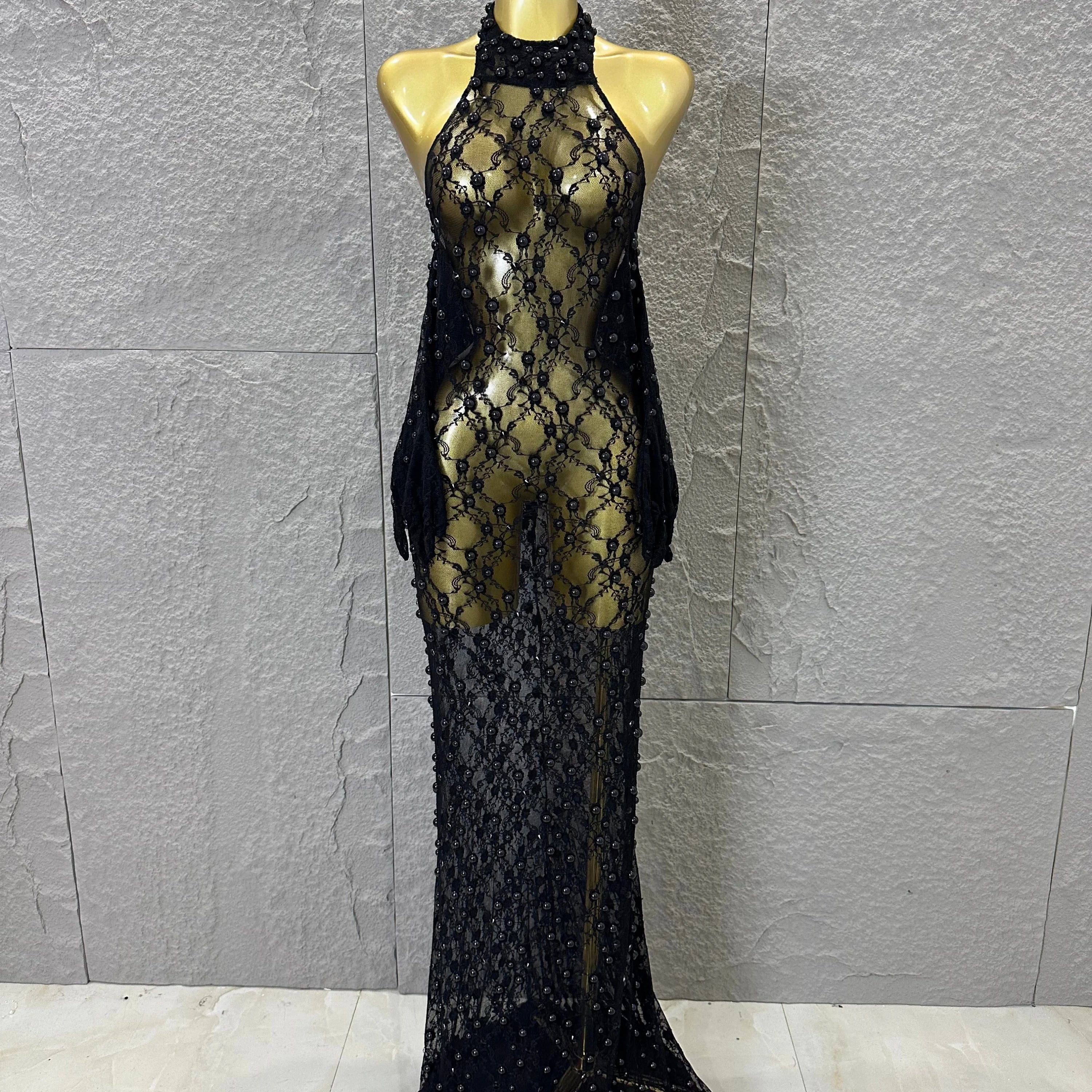 Black Opulent Halter Neck Maxi Sheer Mesh Beaded Lace Dress Form-Fitting Outfit Nightclub Party Evening Gala Costume black