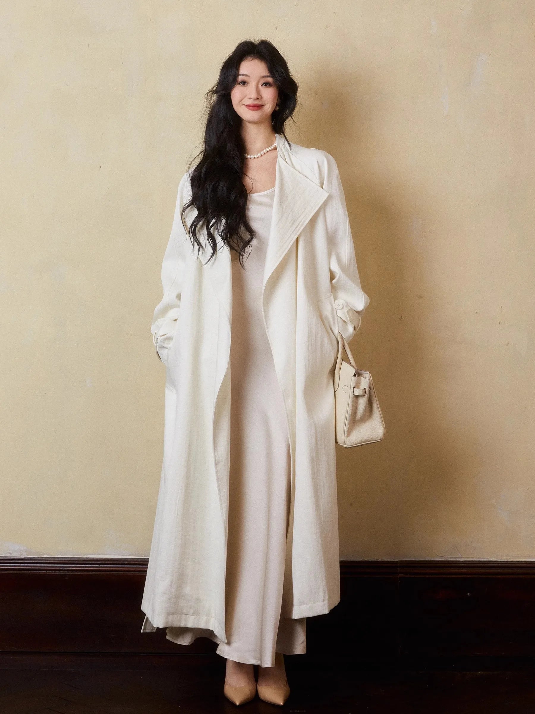 Lautaro Spring Autumn Oversized Long Linen Trench Coat for Women Sashes Loose Casual Flowy Korean Fashion Clothes Overcoat 2025 Beige