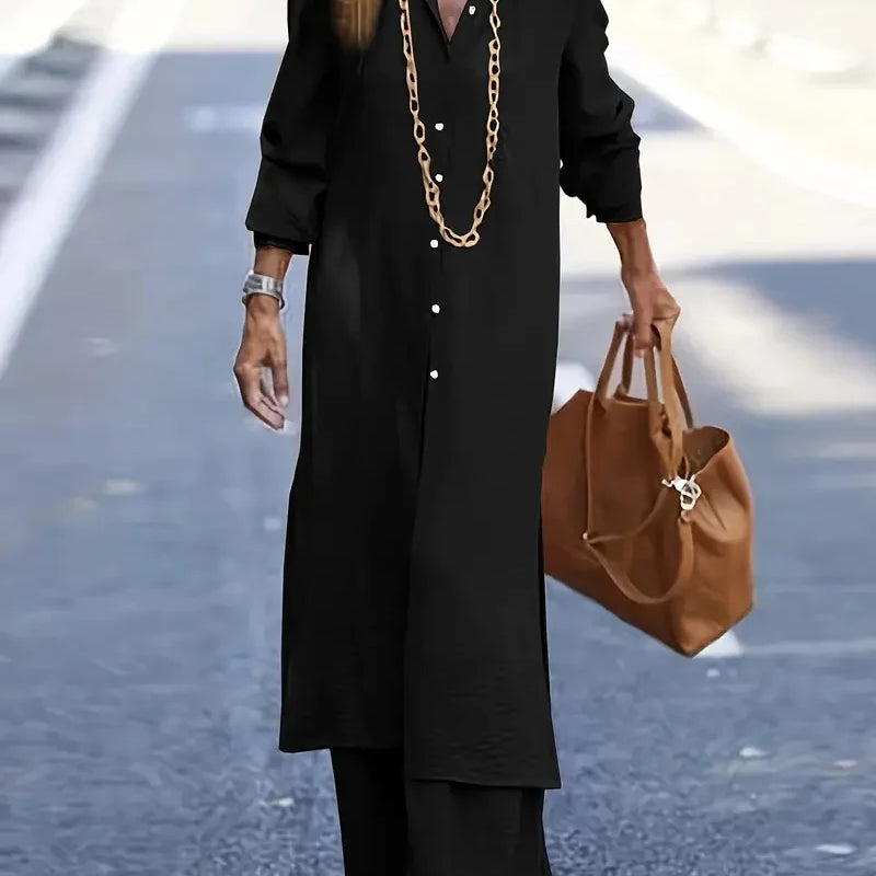 Summer Fashion Plus Size Women's New Matching Collection Elegant Loose Robe Wide Leg Pants Temperament Two Piece Set Black