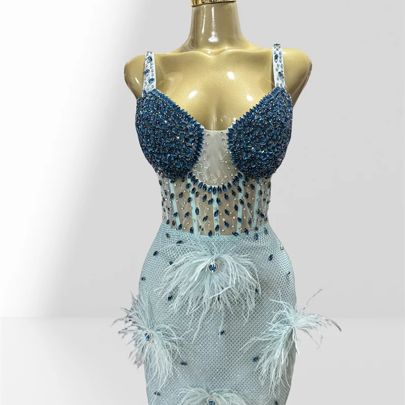 2025 Luxury Feathers Blue Diamonds Sexy See Through Spaghetti Mini Dress Woman Birthday Party Vestido Club Party Outfit