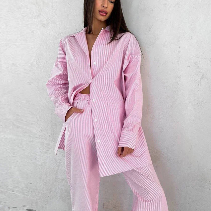 Clacive Fashion Loose Blue Stripe Cotton 2 Piece Sets Women Outfit Elegant Long Sleeve Shirt With High Waist Wide Pants Set Pink