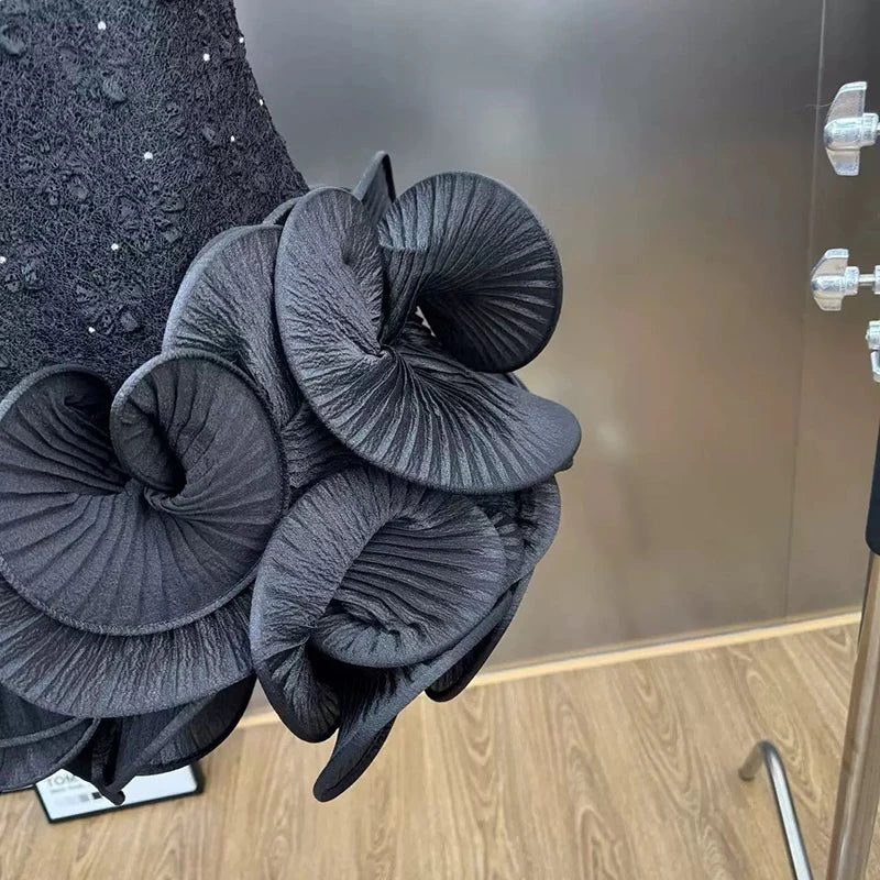 Autumn Winter New Elegant Sweet Rhinestone Ruffle Puff Sleeve Strap Dress For Women Backless Dresses Female 11A07818