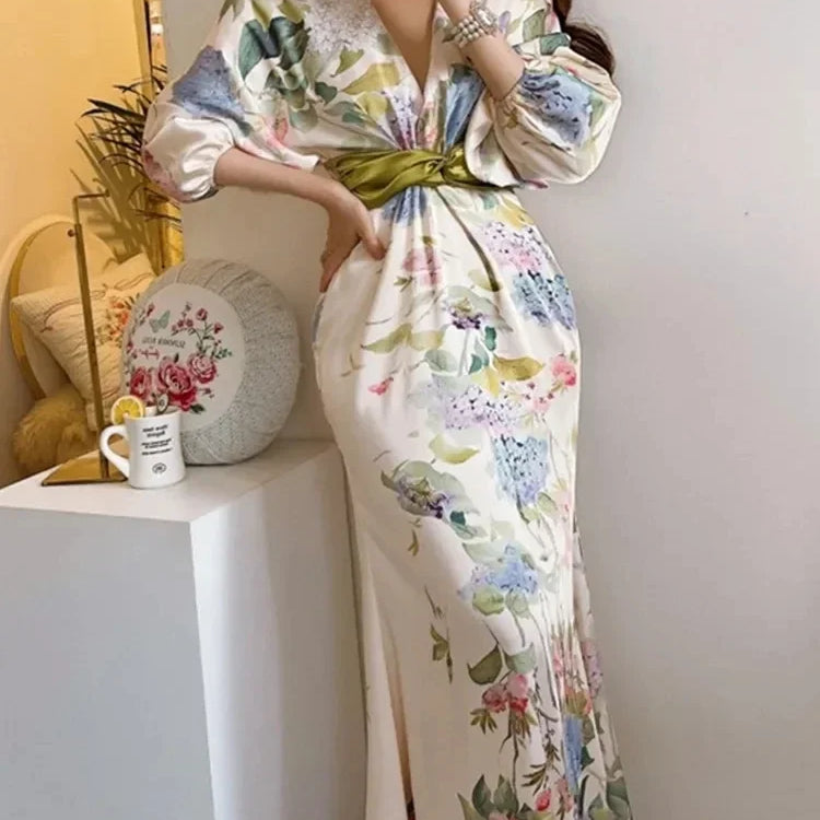 Women Elegant Floral Midi Dress Spring Vintage Japan Style Chic Bodycon Birthday Party Vestidos Female Fashion One Pieces Robe
