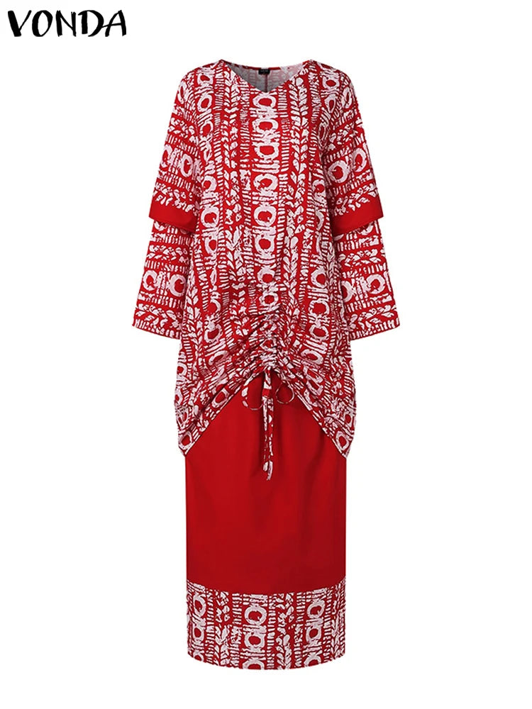 Plus Size 5XL VONDA Women Sets 2024 Bohemian Printed Outfits Elegant Long Sleeve Top+Half Skirt Two-Piece Sets Casual Loose Suit