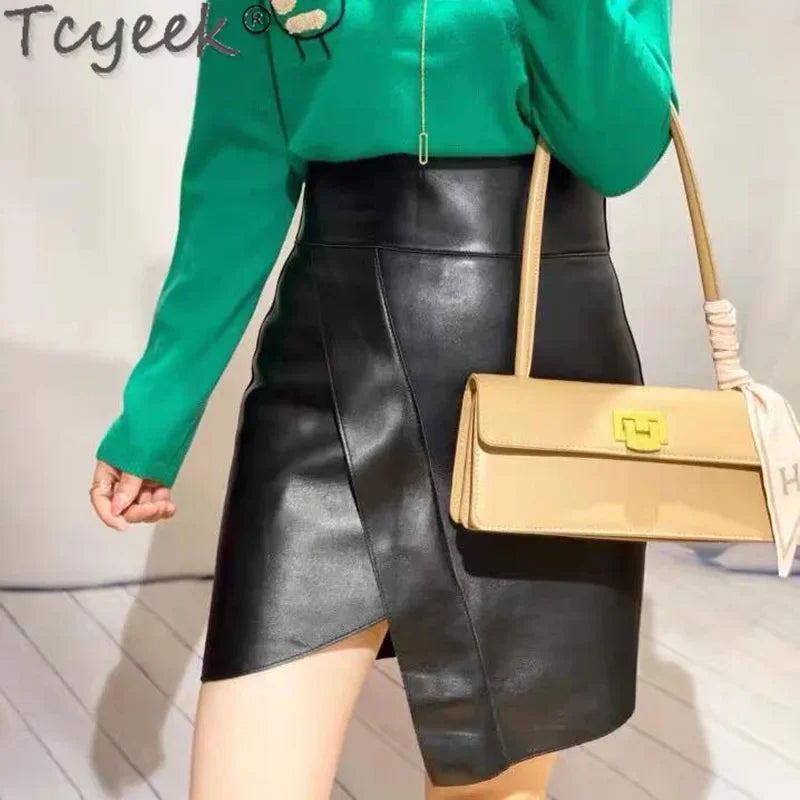 Tcyeek Real Leather Sheepskin Black Skirt Women Elegant New Leather Skirt Women's High Waist Mini Skirt Women Falda Sexy Mujer