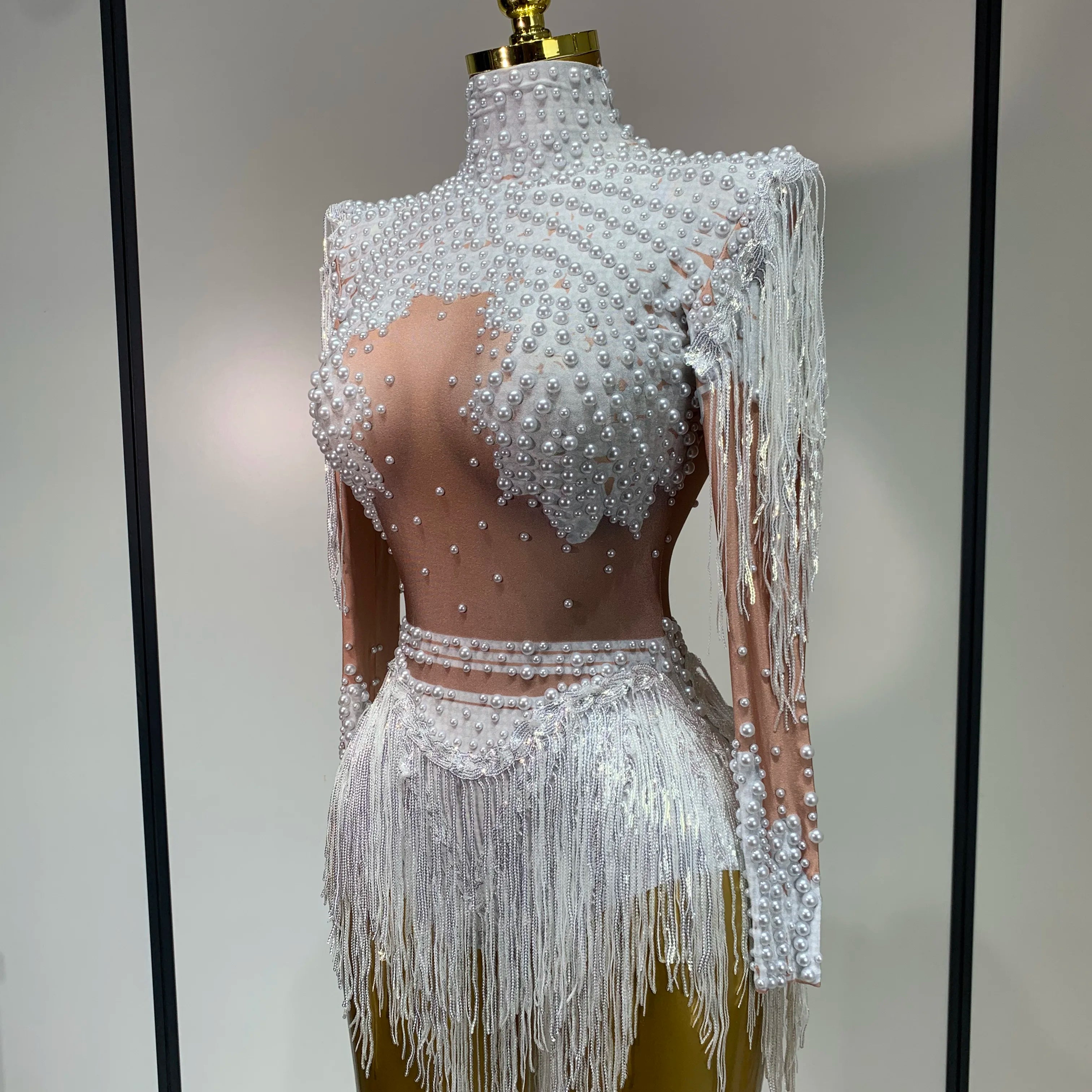 Women Long Sleeve Sexy Stretch Bodycon Shinning Tassels Rhinestones Bodysuit Celebrate Birthday Club Evening Party Stage Outfit