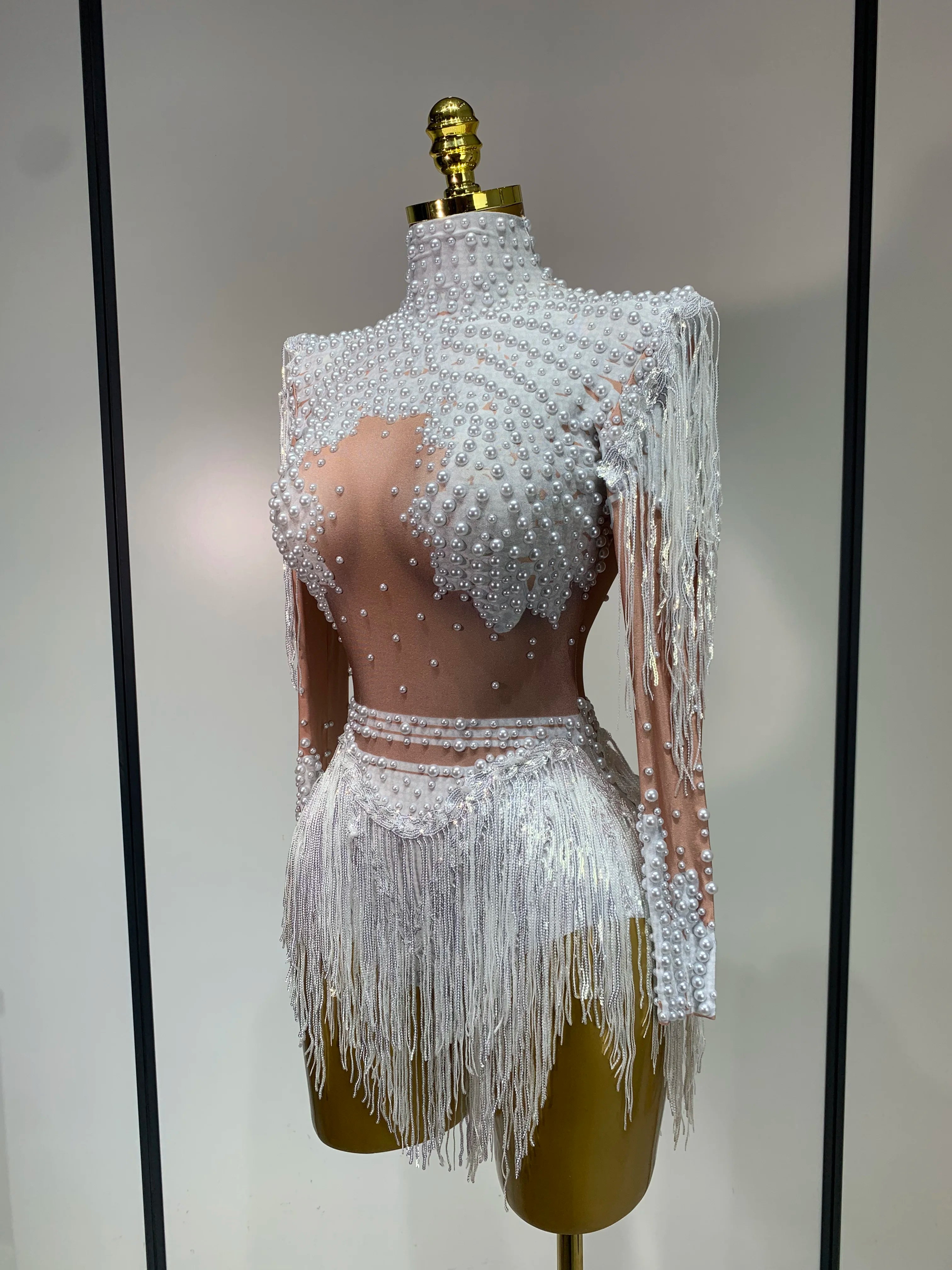 Women Long Sleeve Sexy Stretch Bodycon Shinning Tassels Rhinestones Bodysuit Celebrate Birthday Club Evening Party Stage Outfit