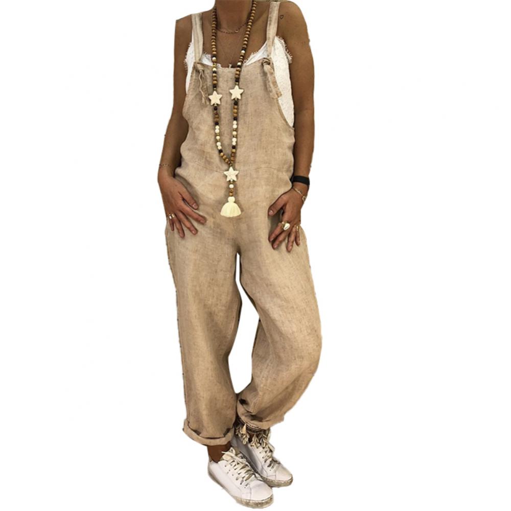 Solid Color Casual Overall Sleeveless Women Jumpsuit Straps Jumpsuit Loose Adjustable Bib women Bib Khaki