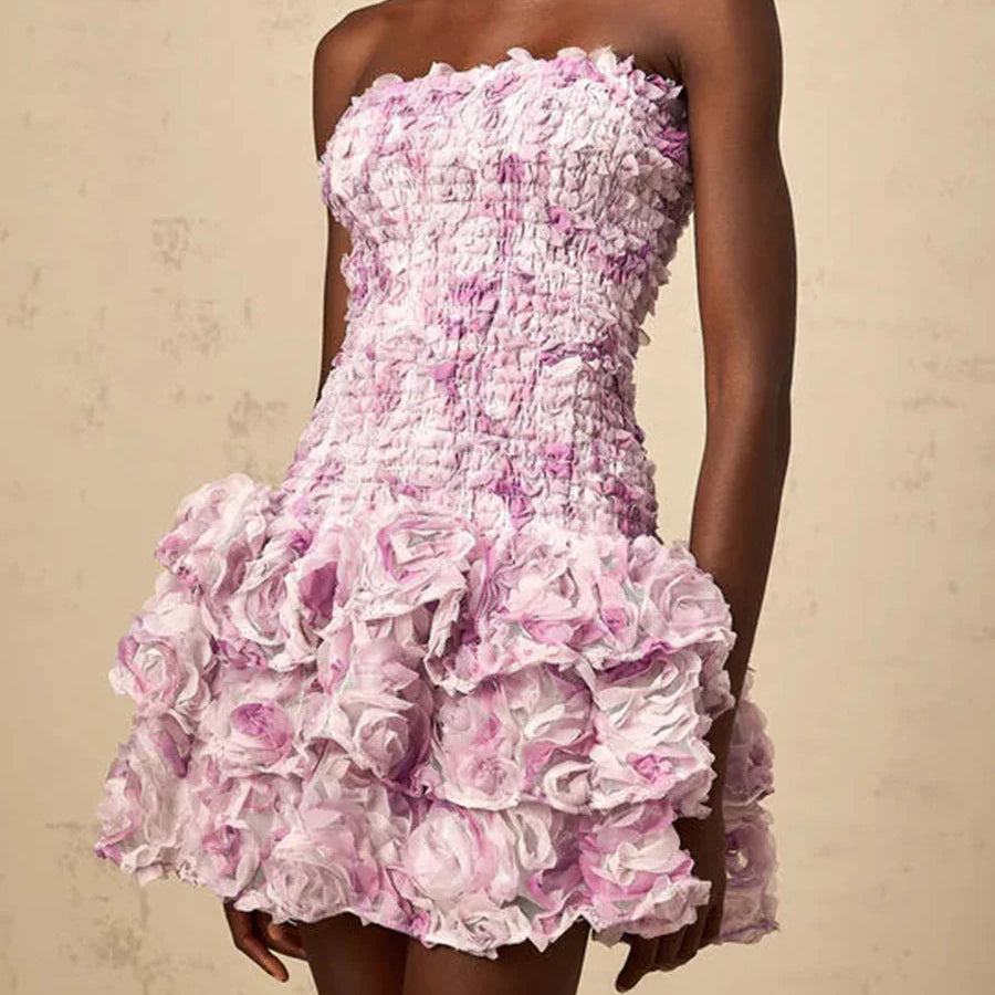 Colorblock Fashion Temperament Dresses for Women Strapless Sleeveless Patchwork 3D Flowers Dress Female Clothing