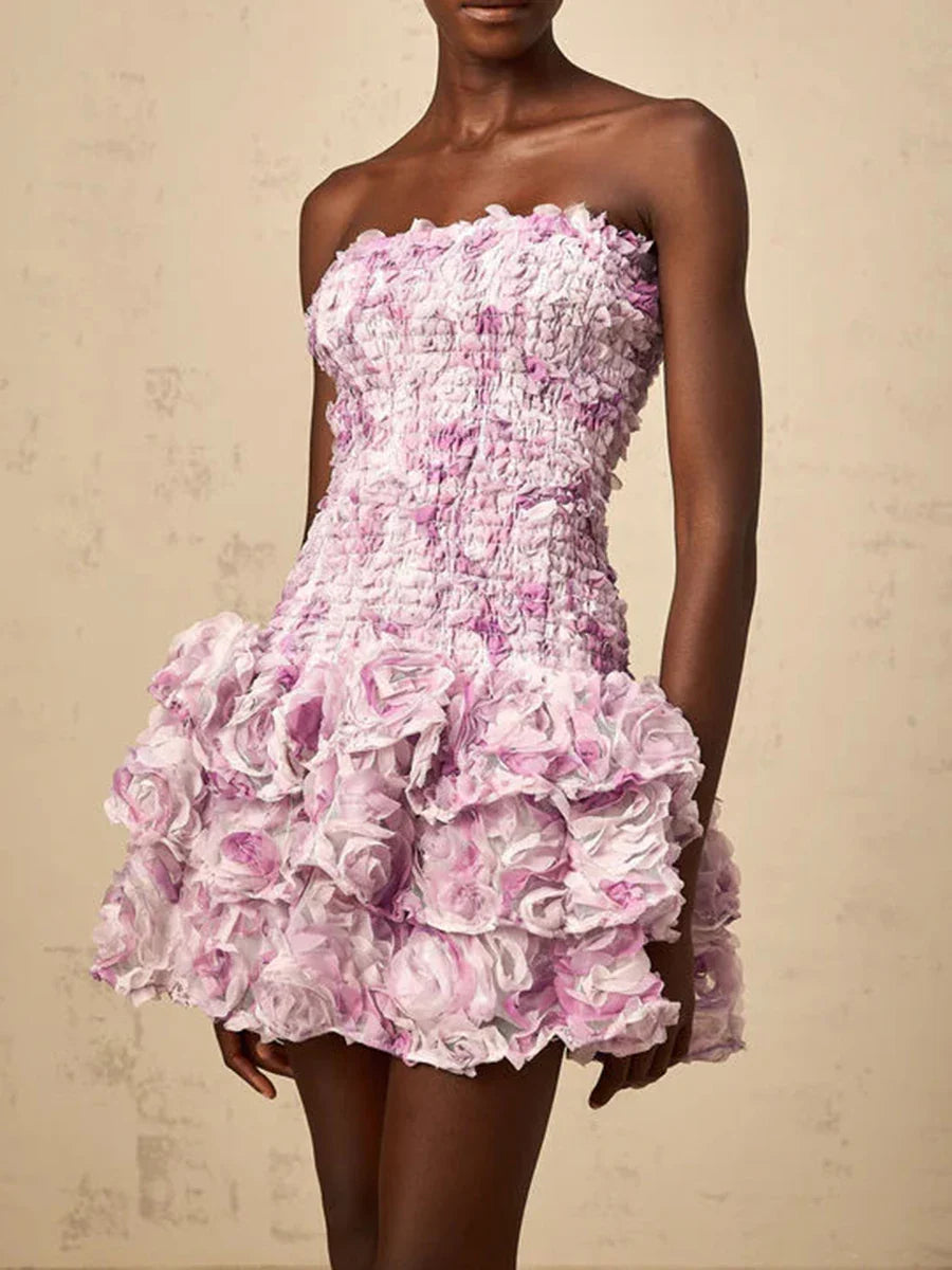 Colorblock Fashion Temperament Dresses for Women Strapless Sleeveless Patchwork 3D Flowers Dress Female Clothing